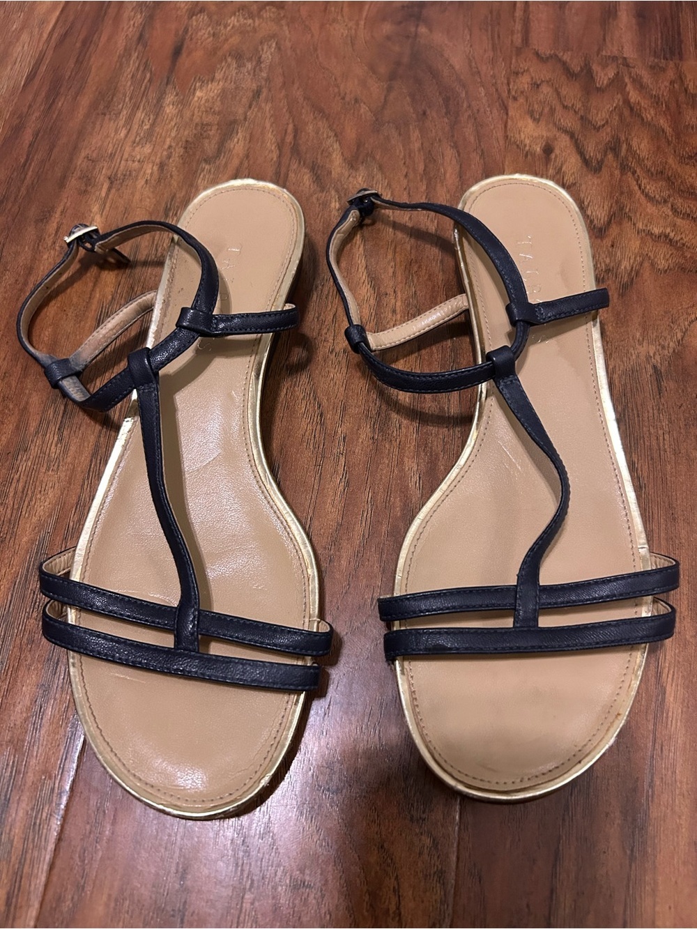 Black and Tan Strappy T‑Bar Gladiator Sandals Mine Wedge Heel Talbots